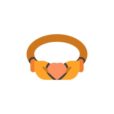 Kalbi düz bir ikona sahip İrlanda yüzüğü, vektör işareti, beyaza izole edilmiş renkli bir resim. Sembol, logo çizimi. Düz biçim tasarımı