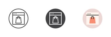 Alışveriş çantalı web sayfası farklı stil simgesi seti. Çizgi, kabartma ve doldurulmuş renkli versiyon, ana hatlar ve doldurulmuş vektör işareti. Çevrimiçi alışveriş sembolü, logo çizimi. Vektör grafikleri