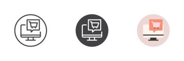 Alışveriş arabalı bilgisayar monitörü farklı stil simgesi seti. Çizgi, kabartma ve doldurulmuş renkli versiyon, ana hatlar ve doldurulmuş vektör işareti. Çevrimiçi alışveriş sembolü, logo çizimi. Vektör