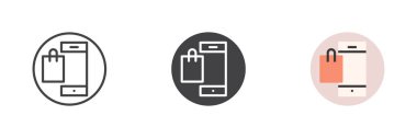 Alışveriş çantalı cep telefonu farklı tarz simge seti. Çizgi, kabartma ve doldurulmuş renkli versiyon, ana hatlar ve doldurulmuş vektör işareti. Sembol, logo çizimi. Vektör grafikleri