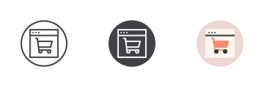 Alışveriş arabalı web sayfası, farklı stil simgesi seti. Çizgi, kabartma ve doldurulmuş renkli versiyon, ana hatlar ve doldurulmuş vektör işareti. Çevrimiçi dükkan düğmesi sembolü, logo illüstrasyonu. Vektör grafikleri
