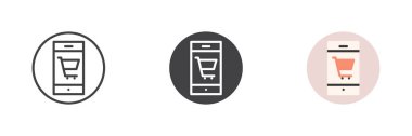 Alışveriş arabalı cep telefonu, farklı stil ikon seti. Çizgi, kabartma ve doldurulmuş renkli versiyon, ana hatlar ve doldurulmuş vektör işareti. E-ticaret sembolü, logo çizimi. Vektör grafikleri