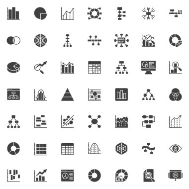 Bilgi grafikleri, vektör simgeleri seti, modern katı sembol koleksiyonu, doldurulmuş biçim piktogram paketi. İşaretler, logo illüstrasyonu. Pasta grafiği diyagramı, veri analizi ve istatistiksel grafik olarak simgeleri küme