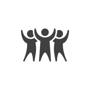 Başarılı kutlama ekibi vektör ikonu. Mobil konsept ve web tasarımı için düz tabela. Elleri kabartma sembolü olan insanlar. Sembol, logo çizimi. Vektör grafikleri