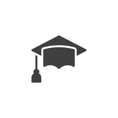 Mortarboard kapak vektör simgesi. Mobil konsept ve web tasarımı için düz tabela. Mezuniyet kapağı sembolü. Akademik başarı sembolü, logo çizimi. Vektör grafikleri