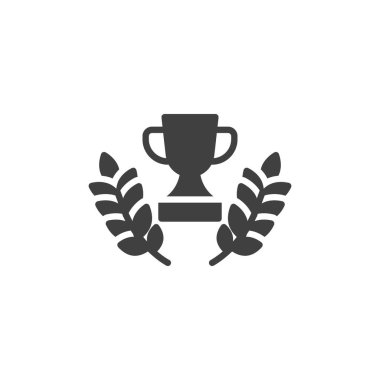 Laurel vektör ikonlu fincan. Mobil konsept ve web tasarımı için düz tabela. Defne sembollü şampiyonlar kupası. Başarı, zafer sembolü, logo çizimi. Vektör grafikleri