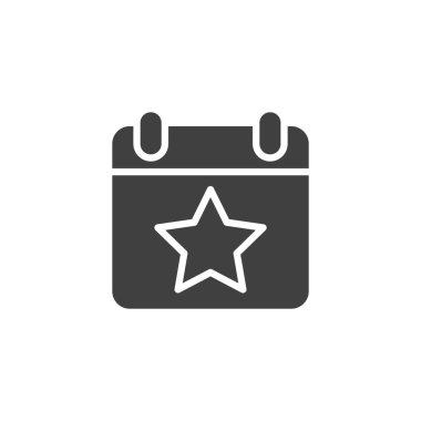 Yıldız sayfası takvim vektör simgesi. Mobil konsept ve web tasarımı için düz tabela. Yıldız sembolü olan bir takvim. Sembol, logo çizimi. Vektör grafikleri