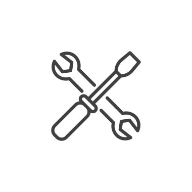 Anahtar ve tornavida çizgisi simgesi. Mobil konsept ve web tasarımı için doğrusal biçim işareti. İngiliz anahtarı ana hatlı vektör simgesi olan çapraz tornavida. Tamir hizmeti sembolü, logo çizimi. Vektör grafikleri