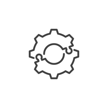 Sistem Entegrasyon Çizgisi simgesi. Mobil konsept ve web tasarımı için doğrusal biçim işareti. Vites bulmacası ana hatlı vektör simgesi. Sembol, logo çizimi. Vektör grafikleri