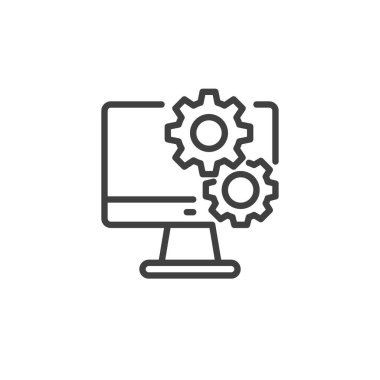 IT Altyapı Çizgisi simgesi. Mobil konsept ve web tasarımı için doğrusal biçim işareti. Bilgisayar ve dişli ana hat vektör simgesi. Sembol, logo çizimi. Vektör grafikleri