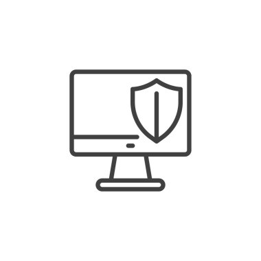 Bitiş noktası güvenlik çizgisi simgesi. Mobil konsept ve web tasarımı için doğrusal biçim işareti. Bilgisayar monitörü ve kalkan ana hat vektör simgesi. Sembol, logo çizimi. Vektör grafikleri