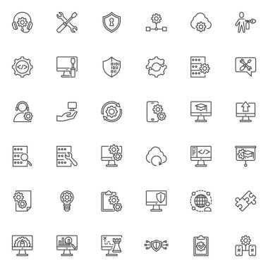 Teknik servis çizgisi simgeleri ayarlandı. Doğrusal biçim sembolleri koleksiyonu, ana tabela işaretleri paketi. Teknik destek vektör grafikleri. IT Bakım, Veritabanı Yönetimi, Uzaktan Yardım olarak simgeleri içerir