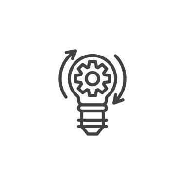 Fikir Oluşturma Çizgisi simgesi. Mobil konsept ve web tasarımı için doğrusal biçim işareti. Ampul ve oklar vektör simgesini çiziyor. Sembol, logo çizimi. Vektör grafikleri