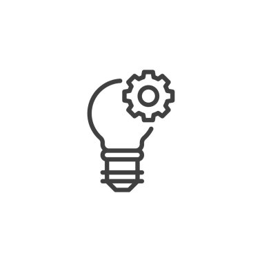 Fikir Uygulama Satırı simgesi. Mobil konsept ve web tasarımı için doğrusal biçim işareti. Ampul ve dişli ana hat vektör simgesi. Sembol, logo çizimi. Vektör grafikleri