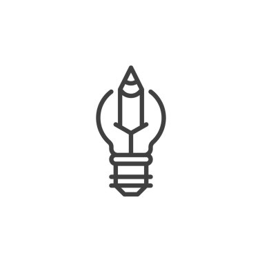 Düşünme çizgisi simgesi tasarla. Mobil konsept ve web tasarımı için doğrusal biçim işareti. Taslak vektör simgesinin içinde kalem olan ampul. Sembol, logo çizimi. Vektör grafikleri