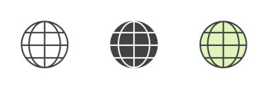 Küre ızgarası farklı biçim simgesi seti. Çizgi, kabartma ve doldurulmuş renkli versiyon, ana hatlar ve doldurulmuş vektör işareti. Dünya küresi sembolü, logo illüstrasyonu. Vektör grafikleri