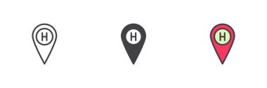 Hospital location pin different style icon set. Line, glyph and filled outline colorful version, outline and filled vector sign. Symbol, logo illustration. Vector graphics