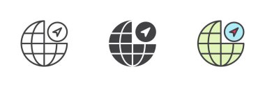 Küresel navigasyon farklı biçim simgesi seti. Çizgi, kabartma ve doldurulmuş renkli versiyon, ana hatlar ve doldurulmuş vektör işareti. Oklu küre, logo illüstrasyonu. Vektör grafikleri