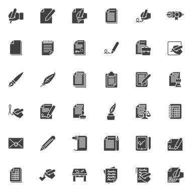 Belge yazma vektör simgeleri seti, modern katı sembol koleksiyonu, doldurulmuş biçim piktogram paketi. İşaretler, logo illüstrasyonu. Kopyalama olarak simgeleri, kalem imzalama sözleşmesi olan elleri ve imzaları içerir