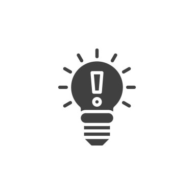 Işıklı ampul ve ünlem işareti vektör simgesi. Mobil konsept ve web tasarımı için düz tabela. Yaratıcılık, fikir lambası sembolü. Sembol, logo çizimi. Vektör grafikleri