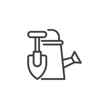 Bahçe aletleri çizgisi simgesi. Mobil konsept ve web tasarımı için doğrusal biçim işareti. Kürek ve sulama vektör simgesini özetleyebilir. Sembol, logo çizimi. Vektör grafikleri