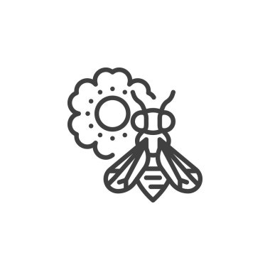 Arılar çiçek çizgi ikonunu tozluyorlar. Mobil konsept ve web tasarımı için doğrusal biçim işareti. Arı ve çiçek ana hatları vektör simgesi. Bitki üreme sembolü, logo çizimi. Vektör grafikleri