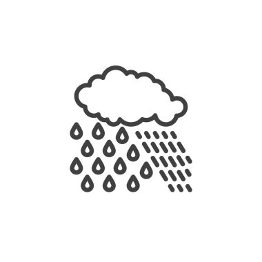 Yağmur damlaları çizgisi simgesi olan bulut. Mobil konsept ve web tasarımı için doğrusal biçim işareti. Yağmurlu bulutlar vektör simgesini çiziyor. Sembol, logo çizimi. Vektör grafikleri