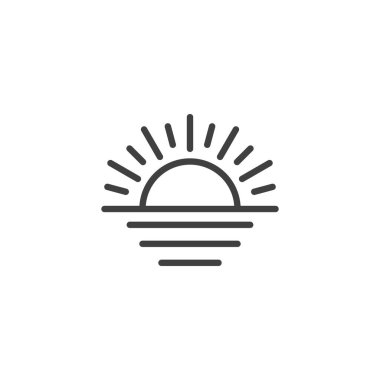 Gündoğumu ufuk çizgisi simgesi. Mobil konsept ve web tasarımı için doğrusal biçim işareti. Güneş doğuşu ve deniz ana hatları vektör simgesi. Sembol, logo çizimi. Vektör grafikleri