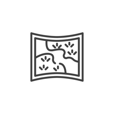 Kağıt harita çizgisi simgesi. Mobil konsept ve web tasarımı için doğrusal biçim işareti. Rota planlama ana hatları vektör simgesi. Sembol, logo çizimi. Vektör grafikleri