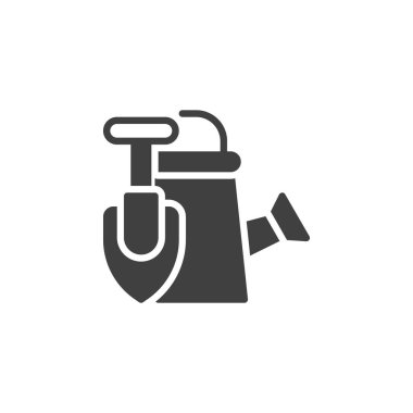 Kürek ve sulama ikonu yönlendirebilir. Mobil konsept ve web tasarımı için düz tabela. Bahçe aletleri simgesi. Sembol, logo çizimi. Vektör grafikleri
