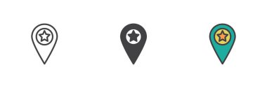 Partinin konumu farklı stil simgesi seti. Çizgi, kabartma ve doldurulmuş renkli versiyon, ana hatlar ve doldurulmuş vektör işareti. Yıldız sembollü harita işaretleyici, logo illüstrasyonu. Vektör grafikleri