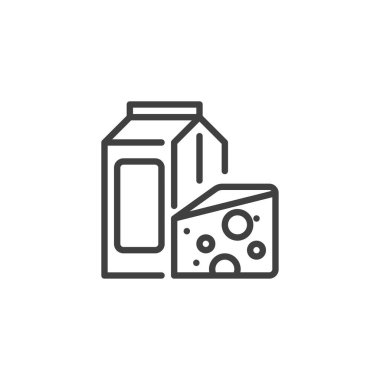 Süt ürünleri çizgisi simgesi. Mobil konsept ve web tasarımı için doğrusal biçim işareti. Süt paketi ve peynir ana hatlı vektör simgesi. Sembol, logo çizimi. Vektör grafikleri
