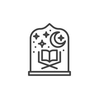 Gece namazı çizgisi simgesi. Mobil konsept ve web tasarımı için doğrusal biçim işareti. Kuran kitabı ve ay ana hatları vektör simgesi olan bir cami. Sembol, logo çizimi. Vektör grafikleri