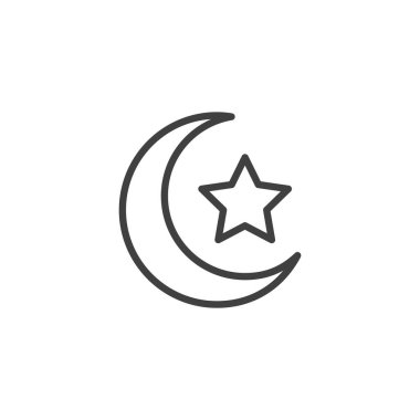 Hilal Ay ve Yıldız çizgisi simgesi. Mobil konsept ve web tasarımı için doğrusal biçim işareti. Yıldız çizgisi vektör simgesi olan bir uydu. İslam sembolü, logo çizimi. Vektör grafikleri