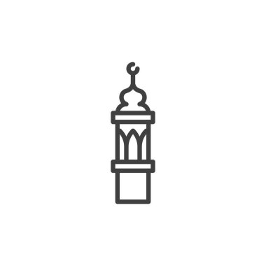 Cami minare çizgisi simgesi. Mobil konsept ve web tasarımı için doğrusal biçim işareti. Minare kulesi ana hatlı vektör simgesi. Sembol, logo çizimi. Vektör grafikleri