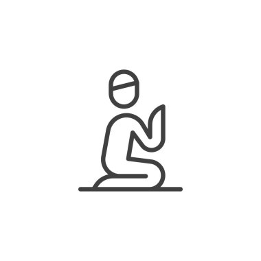 Dua satırı simgesi. Mobil konsept ve web tasarımı için doğrusal biçim işareti. Müslüman dua eden kişi vektör simgesini özetledi. Sembol, logo çizimi. Vektör grafikleri