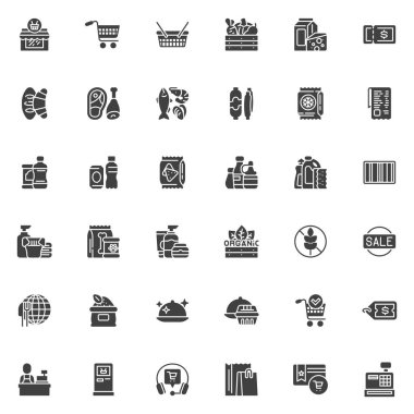 Market vektör simgeleri seti, modern katı sembol koleksiyonu, doldurulmuş biçim piktogram paketi. İşaretler, logo illüstrasyonu. Süpermarket, süt ürünleri, alışveriş sepeti olarak simgeler