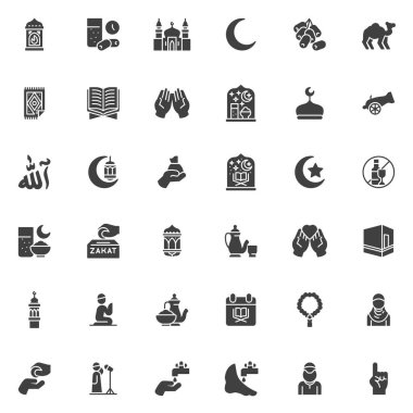 Ramazan Kareem vektör simgeleri seti, modern katı sembol koleksiyonu, doldurulmuş biçim piktogram paketi. İşaretler, logo illüstrasyonu. Set, iftar, cami namazı, İslami Kaligrafi ve Müslüman kadın simgelerini içeriyor