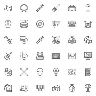 Müzik ve multimedya çizgi simgeleri ayarlandı. Doğrusal biçim sembolleri koleksiyonu, ana tabela işaretleri paketi. Müzik stüdyosu vektör grafikleri. Set, müzik araçları, ses kaydı, hoparlör ve mikrofon olarak simgeleri içerir