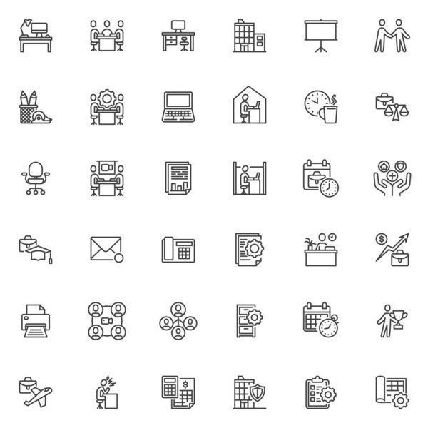 Business Office line icons set. linear style symbols collection, outline signs pack. Office and Workplace vector graphics. Set includes icons as business meeting, workspace, management, collaboration