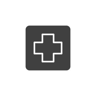 Kare vektör ikonunda tıbbi haç. Mobil konsept ve web tasarımı için düz tabela. Tıbbi Haç sembolü. Acil servis sembolü, logo illüstrasyonu. Vektör grafikleri