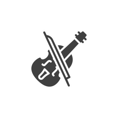 Keman ve yay vektör ikonu. Mobil konsept ve web tasarımı için düz tabela. Keman enstrümanı sembolü. Sembol, logo çizimi. Vektör grafikleri