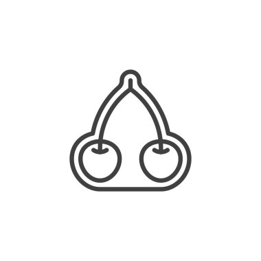 Kirazlı Meyve Sticker çizgisi simgesi. Mobil konsept ve web tasarımı için doğrusal biçim işareti. Kiraz şekilli etiket taslak vektör simgesi. Sembol, logo çizimi. Vektör grafikleri