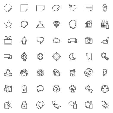 Çıkartmalar etiket satır simgeleri ayarlandı. Doğrusal biçim sembolleri koleksiyonu, ana tabela işaretleri paketi. Etiketler vektör grafikleri. Fiyat etiketi olarak simgeleri, daire şekli rozetini, konuşma baloncuğunu, kurdele etiketini içerir