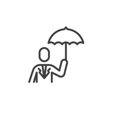 Sigorta Ajanı çizgi ikonu. Mobil konsept ve web tasarımı için doğrusal biçim işareti. Şemsiye taşıyan kişi vektör ikonu. Sembol, logo çizimi. Vektör grafikleri