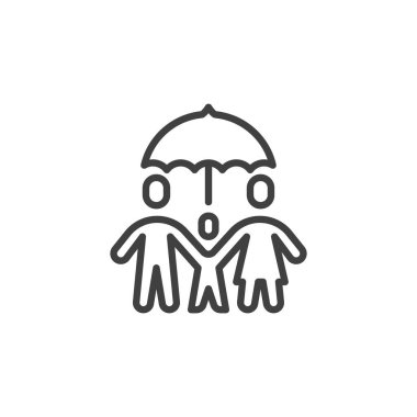 Aile Koruma Hattı ikonu. Mobil konsept ve web tasarımı için doğrusal biçim işareti. Şemsiye ana hatlı vektör simgesi altında duran aile. Sigorta sembolü, logo illüstrasyonu. Vektör grafikleri