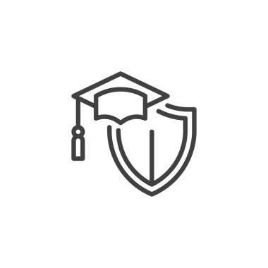 Sigorta Eğitim Hattı ikonu. Mobil konsept ve web tasarımı için doğrusal biçim işareti. Kalkan hatlı vektör ikonlu mezuniyet şapkası. Sembol, logo çizimi. Vektör grafikleri