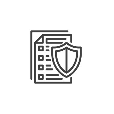 Sigorta Koruma Planı çizgi simgesi. Mobil konsept ve web tasarımı için doğrusal biçim işareti. Kalkan ana hat vektör simgesine sahip kontrol listesi. Sembol, logo çizimi. Vektör grafikleri