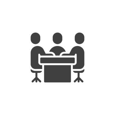 Masa vektörü simgesinde oturan bir grup insan. Mobil konsept ve web tasarımı için düz tabela. İş Buluşma Sembolü. Sembol, logo çizimi. Vektör grafikleri