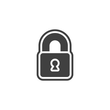 Kilit biçimli çıkartma veya etiket vektör simgesi. Mobil konsept ve web tasarımı için düz tabela. Etiket simgesini kilitle. Sembol, logo çizimi. Vektör grafikleri